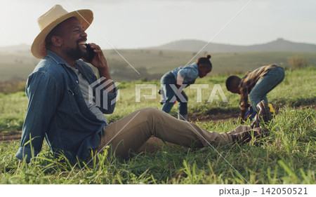Farm, work and man in phone call with smile for production planning, networking and sustainability. Black family, father and children with farming for development, learning and harvest in Ethiopia 142050521