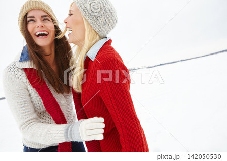 Friends, girls and happy together in snow to explore or have fun on vacation in Canada in Christmas season. Woman, outdoor and travel on winter holiday getaway for adventure or bonding with love. Friends, girls and happy together in snow to explore or have fun on vacation in Canada in Christmas season. Woman, outdoor and travel on winter holiday getaway for adventure or bonding with love. 142050530