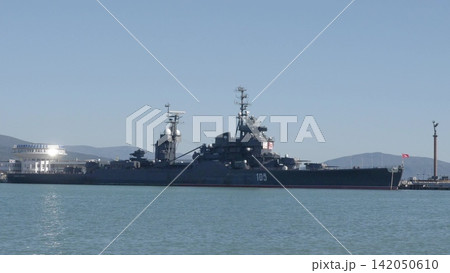 Novorossiysk Russia June 23 2026 Cruiser Mikhail Kutuzov museum ship moored at the sea port passenger terminal on a sunny day Novorossiysk Russia June 23 2026 Cruiser Mikhail Kutuzov museum ship moored at the sea port passenger terminal on a sunny day 142050610