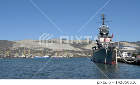 Novorossiysk Russia June 23 2026 Cruiser Mikhail Kutuzov museum ship moored at the sea port passenger terminal on a sunny day Novorossiysk Russia June 23 2026 Cruiser Mikhail Kutuzov museum ship moored at the sea port passenger terminal on a sunny day 142050616