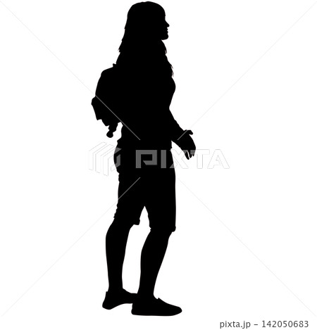 Black silhouette of woman with backpack standing in profile on white background Black silhouette of woman with backpack standing in profile on white background 142050683