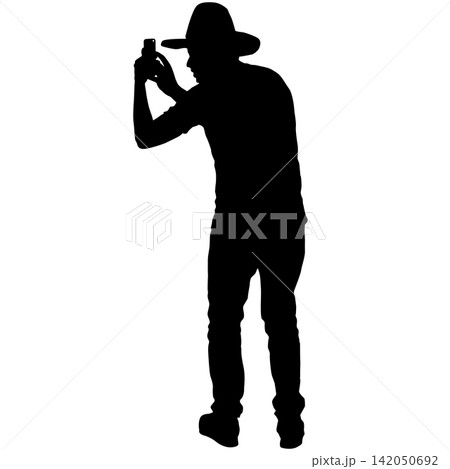 Black silhouette of man taking selfie with smartphone on white background 142050692