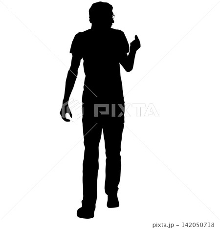 Black silhouette of man standing front view on white background Black silhouette of man standing front view on white background 142050718