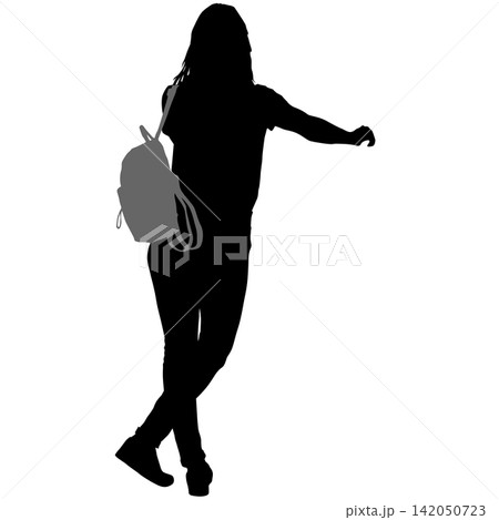 Black silhouette of woman standing with head resting on hand on white background 142050723