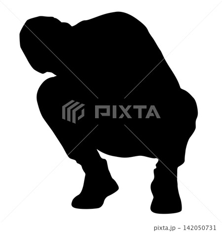 Black silhouette of man squatting on white background 142050731