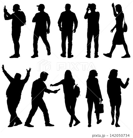Set of black silhouettes of men and women in different poses and activities on white background Set of black silhouettes of men and women in different poses and activities on white background 142050734