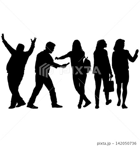 Set of black silhouettes of men and women in different poses and activities on white background Set of black silhouettes of men and women in different poses and activities on white background 142050736