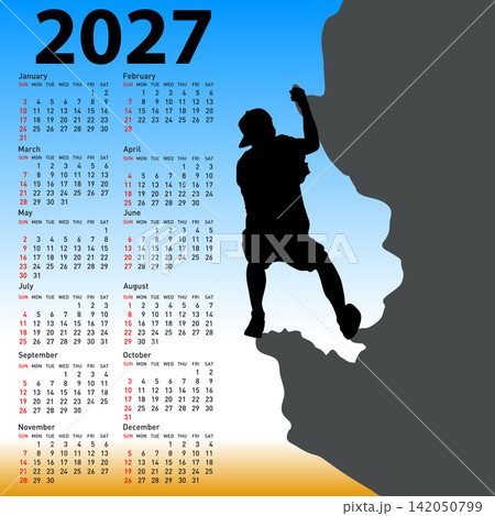 2027 calendar with rock climber climbing a steep cliff on white background 2027 calendar with rock climber climbing a steep cliff on white background 142050799