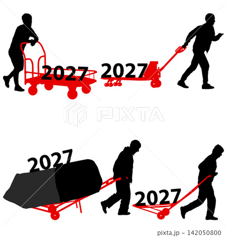 2027 calendar with workers pushing a cart carrying 2027 numbers on white background 2027 calendar with workers pushing a cart carrying 2027 numbers on white background 142050800