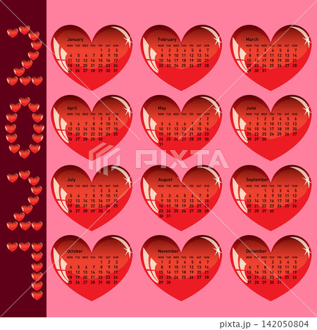 2027 calendar made of heart shapes on white background 2027 calendar made of heart shapes on white background 142050804