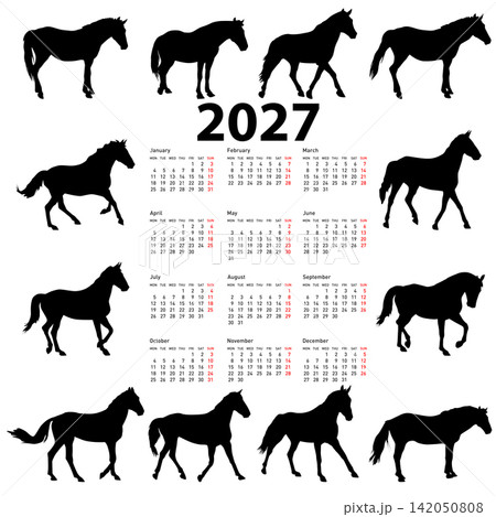 2027 calendar with horse silhouettes on white background 142050808