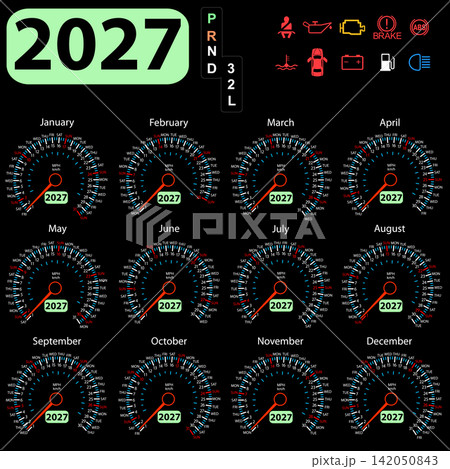 2027 calendar set with twelve monthly car speedometers and needles 2027 calendar set with twelve monthly car speedometers and needles 142050843