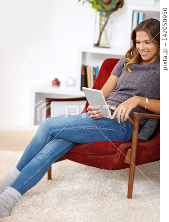 Girl, search or tablet in home to relax on sofa with internet connection for streaming video or movie online. Smile, blog or woman reading news on social media or technology for subscription on couch Girl, search or tablet in home to relax on sofa with internet connection for streaming video or movie online. Smile, blog or woman reading news on social media or technology for subscription on couch 142050950
