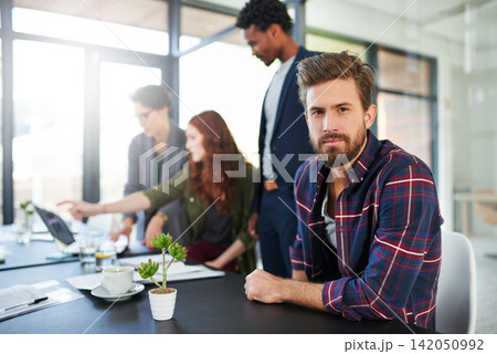 Businessman, portrait and startup company in workplace for international agency, planning and design. Male professional, creative and collaboration in office for career, brainstorming and ideas. 142050992