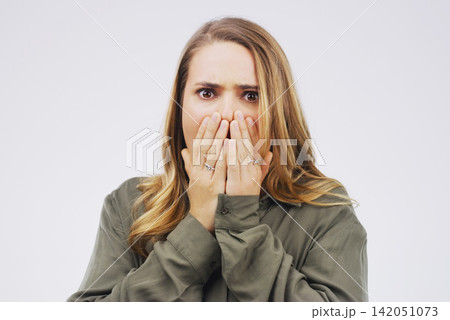 Woman, portrait and shock in studio for fear, alarm and wtf or omg for risk on white background. Female person, surprise and overwhelmed for news or info, worry and panic for rumor or confession Woman, portrait and shock in studio for fear, alarm and wtf or omg for risk on white background. Female person, surprise and overwhelmed for news or info, worry and panic for rumor or confession 142051073