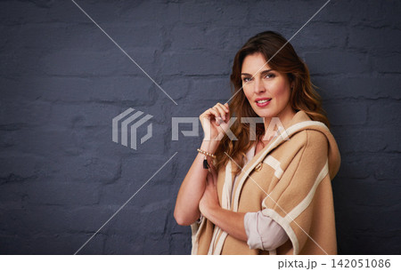 Fashion, cosmetics and portrait of woman by brick wall with stylish, trendy and elegant outfit. Beauty, winter and female model with classy clothes for style by dark black background with mockup. 142051086