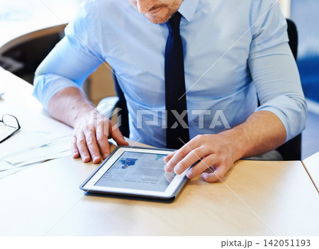 Business man, hand and tablet in office reading article for research, strategy and corporate news. Employee, touchscreen and scroll online for company information, career profile or social media Business man, hand and tablet in office reading article for research, strategy and corporate news. Employee, touchscreen and scroll online for company information, career profile or social media 142051193
