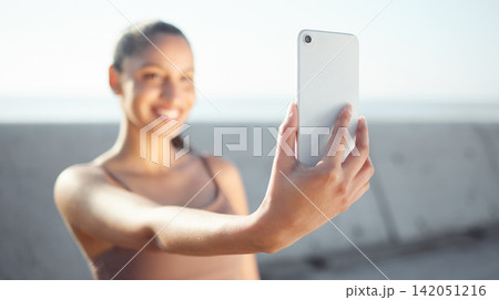 Happy woman, fitness and memory with selfie for photography, picture or outdoor moment in nature. Active or young female person, runner or athlete with smile for technology or health and wellness 142051216