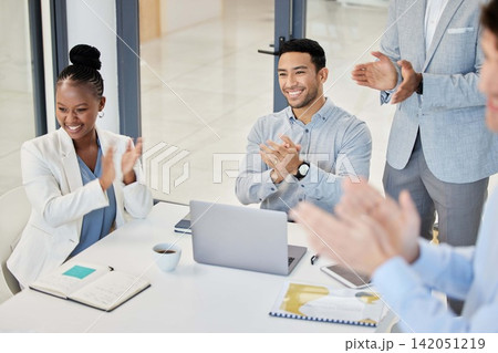 People, business meeting and applause with presentation and congratulations, praise and pride in team. Corporate group, collaboration or partnership with clapping hands for bonus, support and success 142051219