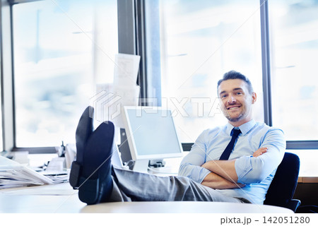 Businessman, relax and arms crossed by office desk with confidence for corporate job, web and technology. Screen, worker and portrait of lawyer with documents in workplace for online, pride and shoes Businessman, relax and arms crossed by office desk with confidence for corporate job, web and technology. Screen, worker and portrait of lawyer with documents in workplace for online, pride and shoes 142051280