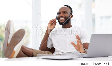 Call center, support and black man with headset in office for CRM, customer service or voter helpline. Advisor, smiling and consult agent with computer for contact us, assistance or talking to client Call center, support and black man with headset in office for CRM, customer service or voter helpline. Advisor, smiling and consult agent with computer for contact us, assistance or talking to client 142051351