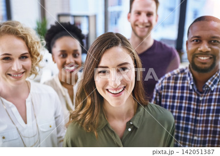 Happy woman, portrait and office with creative team in business startup, growth or diversity. Female person, employee or positivity with smile in multicultural group, unity or about us at workplace 142051387