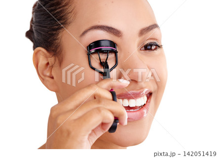 Woman, eyelash curler and laugh with cosmetics and eye makeup in a studio with care. Skincare, dermatology and lashes with white background and beauty product with tool and treatment with wellness Woman, eyelash curler and laugh with cosmetics and eye makeup in a studio with care. Skincare, dermatology and lashes with white background and beauty product with tool and treatment with wellness 142051419