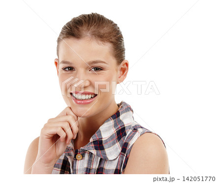 Portrait, student and girl with hand on chin in studio for education, learning or studying goals on white background. Happiness, face and gen z person for knowledge, scholarship or academic youth 142051770