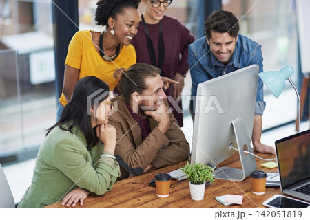 Teamwork, thinking and man with computer in office, colleagues and smile for collaboration of design. Happiness, group and planning with brainstorming for project or deal, employees and designer Teamwork, thinking and man with computer in office, colleagues and smile for collaboration of design. Happiness, group and planning with brainstorming for project or deal, employees and designer 142051819