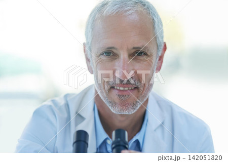 Science, microscope and portrait mature man in lab for biotech engineering, innovation and research. Laboratory, test and scientist checking sample for pharmaceutical development in medical study. Science, microscope and portrait mature man in lab for biotech engineering, innovation and research. Laboratory, test and scientist checking sample for pharmaceutical development in medical study. 142051820