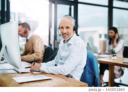 Mature man, portrait and call centre operator in coworking office, crm and consultant for support. Male person, headset and telemarketer for sale service, writing notes and information for assistance Mature man, portrait and call centre operator in coworking office, crm and consultant for support. Male person, headset and telemarketer for sale service, writing notes and information for assistance 142051864