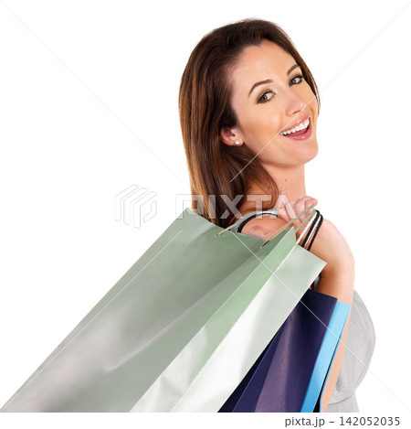 Face, woman and shopping bags with smile in studio on white background for sale, discount and spend. Portrait, female person and excited as customer with retail prices, bargain and gifts or present Face, woman and shopping bags with smile in studio on white background for sale, discount and spend. Portrait, female person and excited as customer with retail prices, bargain and gifts or present 142052035