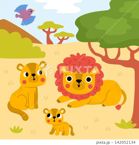 Square cartoon scene with lion, lioness, cub, acacia tree, mountain. African savanna background with cute cartoon animal pride. Safari nature story book landscape for kids. Savannah wildlife scenery Square cartoon scene with lion, lioness, cub, acacia tree, mountain. African savanna background with cute cartoon animal pride. Safari nature story book landscape for kids. Savannah wildlife scenery 142052134