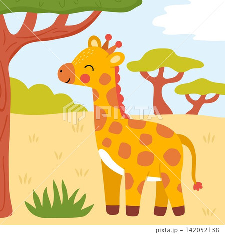 Square cartoon scene with giraffe, acacia tree. African savanna background with cute cartoon animal. Safari nature story book landscape for kids. Funny savannah wildlife scenery 142052138