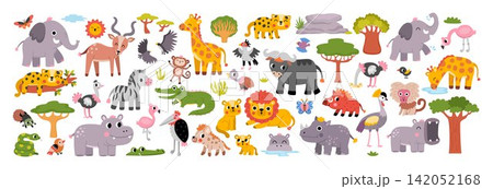 Big safari animals set for kids. Vector African birds, insects, trees, plants collection. Cartoon savanna pack with hippo, rhino. Cute lion, elephant, zebra, giraffe clipart. Savannah wildlife Big safari animals set for kids. Vector African birds, insects, trees, plants collection. Cartoon savanna pack with hippo, rhino. Cute lion, elephant, zebra, giraffe clipart. Savannah wildlife 142052168