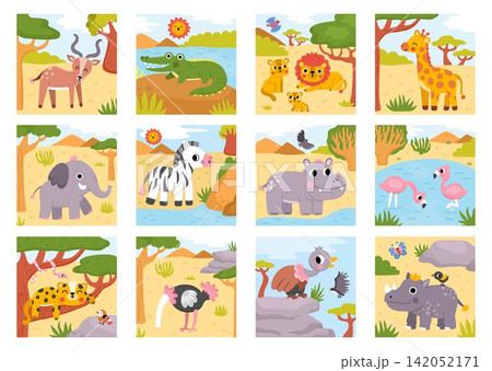 Square cartoon savanna animals backgrounds set. African nature landscapes collection with trees, plants, birds, insects, elephant, giraffe, zebra. Wildlife safari scenes with lake, crocodile, hippo Square cartoon savanna animals backgrounds set. African nature landscapes collection with trees, plants, birds, insects, elephant, giraffe, zebra. Wildlife safari scenes with lake, crocodile, hippo 142052171