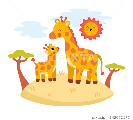 Vector African giraffe with baby on grass under sun. Cute cartoon savanna family scene illustration for kids. Safari animals on natural background. Savannah mother and baby picture for children 142052176