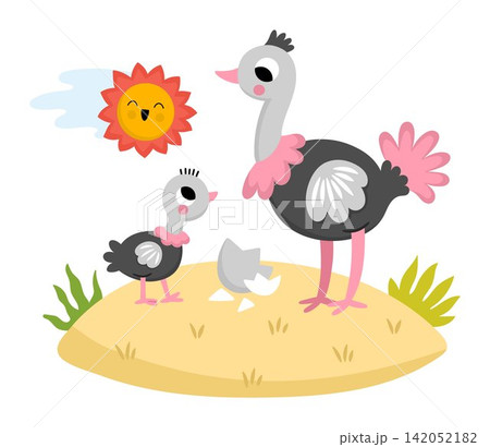 Vector African ostrich with baby on grass under sun. Cute cartoon savanna bird family scene illustration for kids. Safari animals on natural background. Savannah mother and baby picture for children Vector African ostrich with baby on grass under sun. Cute cartoon savanna bird family scene illustration for kids. Safari animals on natural background. Savannah mother and baby picture for children 142052182