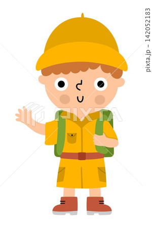 Vector boy in khaki clothes going on safari. Savanna traveler kid waving hand. Africa tourist with backpack. Cute child explorer isolated on white background. Savannah adventure man Vector boy in khaki clothes going on safari. Savanna traveler kid waving hand. Africa tourist with backpack. Cute child explorer isolated on white background. Savannah adventure man 142052183