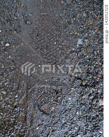 雨でぬかるんだ地面に残る靴跡 ／ 雨天や悪路、足跡を印象的に表現するテクスチャ素材 142052328