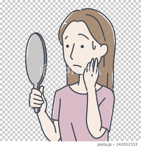 A woman is shocked when she looks in a hand mirror and sees skin problems and facial concerns. A woman is shocked when she looks in a hand mirror and sees skin problems and facial concerns. 142052333