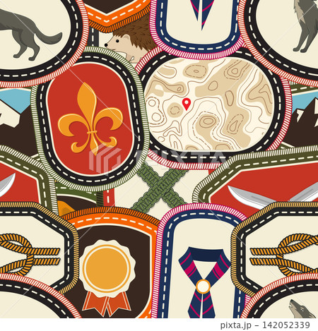 Vintage Camping Patch Seamless Pattern Vector, Retro Scout Embroidery Badge Background with Adventure, Nature, Wildlife and Outdoor Symbols Vintage Camping Patch Seamless Pattern Vector, Retro Scout Embroidery Badge Background with Adventure, Nature, Wildlife and Outdoor Symbols 142052339
