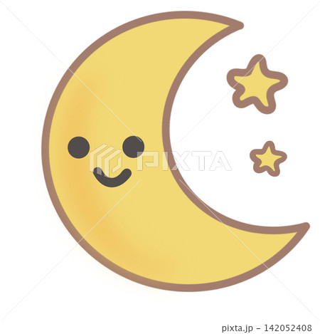 Cute crescent moon character with stars sky space night time sleep lullaby sticker print visual graphic clipart artwork design icon element illustration 142052408