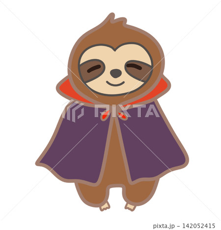 Cute sloth character wearing dark vampire cape trick or treat autumn halloween party decor sticker invitation visual graphic clipart artwork design icon 142052415