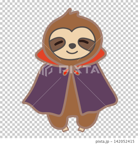Cute sloth character wearing dark vampire cape trick or treat autumn halloween party decor sticker invitation visual graphic clipart artwork design icon 142052415