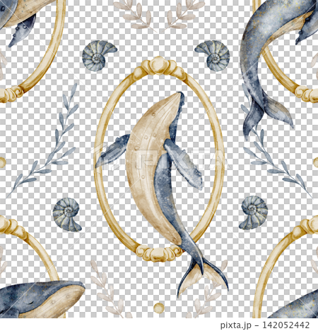 Whale seamless watercolor pattern with golden vintage frames isolated on background. Ocean repeat with sea animals and nautilus for fabric, baby room wallpaper, nursery textiles and wrapping paper. Whale seamless watercolor pattern with golden vintage frames isolated on background. Ocean repeat with sea animals and nautilus for fabric, baby room wallpaper, nursery textiles and wrapping paper. 142052442