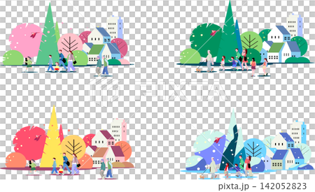 A set of illustrations depicting streetscapes in all four seasons, with people and families walking around. A set of illustrations depicting streetscapes in all four seasons, with people and families walking around. 142052823