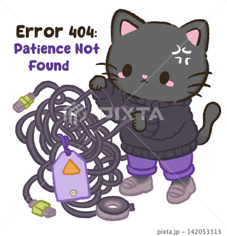 Cute black cat struggling with tangled office cables error patience not found funny Halloween corporate workplace illustration spooky office humor design 142053313