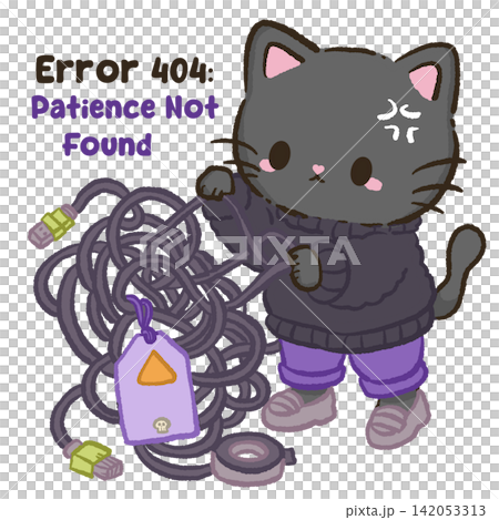 Cute black cat struggling with tangled office cables error patience not found funny Halloween corporate workplace illustration spooky office humor design 142053313