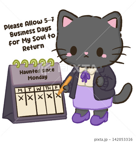 Cute black cat marking days on office calendar waiting for soul to return funny haunted corporate Halloween illustration spooky workplace humor design Cute black cat marking days on office calendar waiting for soul to return funny haunted corporate Halloween illustration spooky workplace humor design 142053316